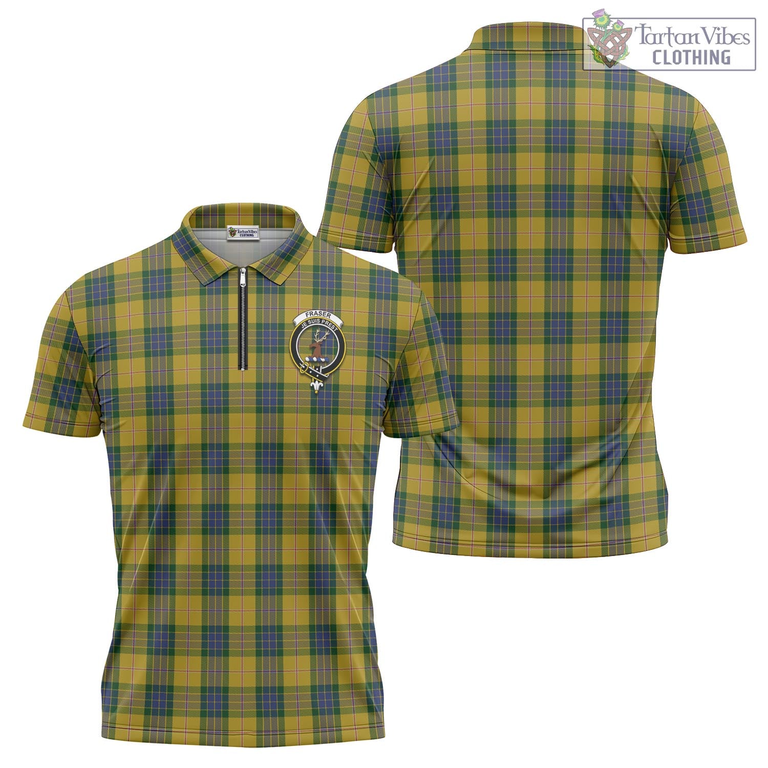 Tartan Vibes Clothing Fraser Yellow Tartan Zipper Polo Shirt with Family Crest