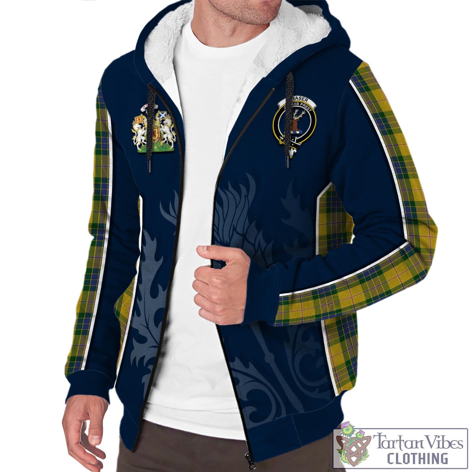 Tartan Vibes Clothing Fraser Yellow Tartan Sherpa Hoodie with Family Crest and Scottish Thistle Vibes Sport Style