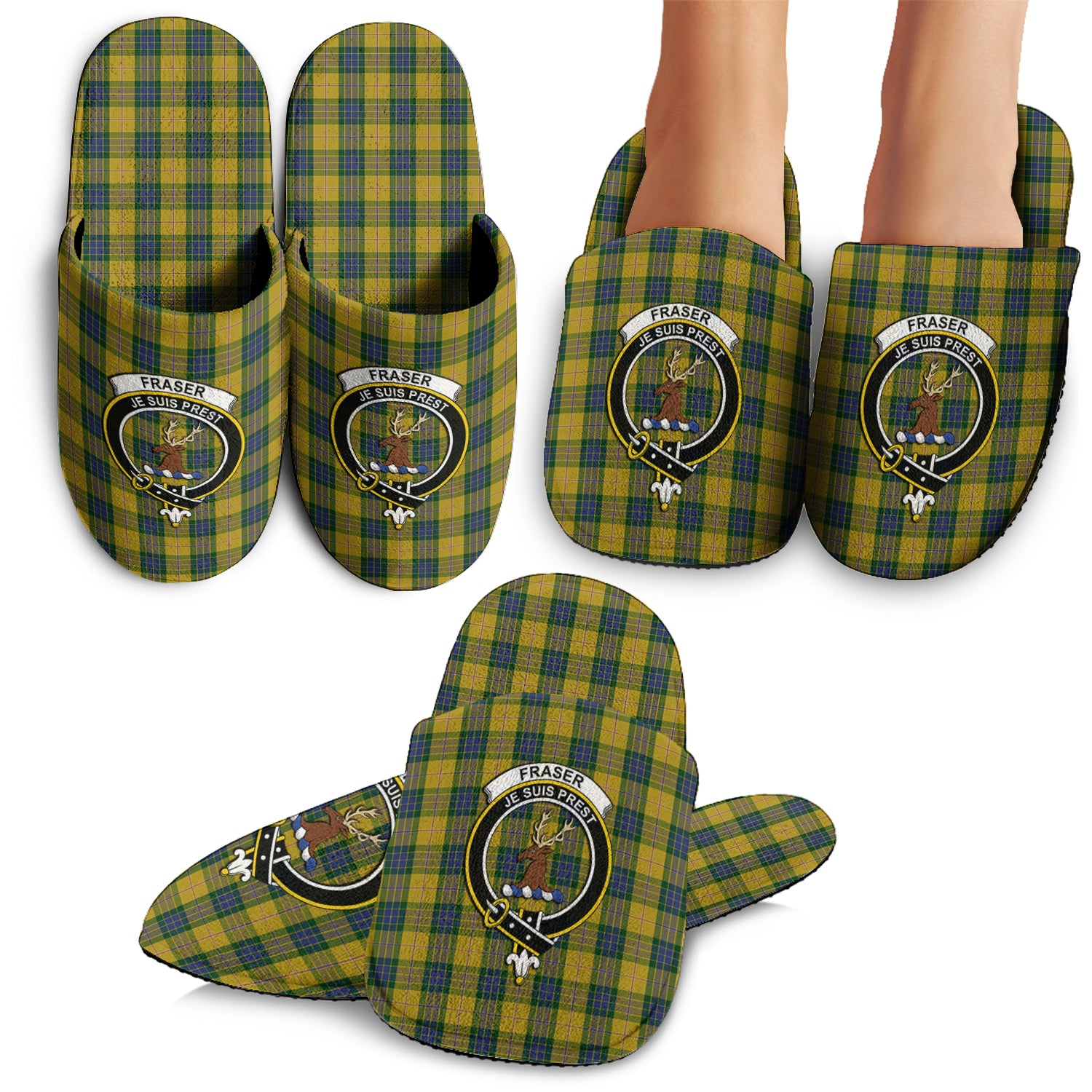 Fraser Yellow Tartan Home Slippers with Family Crest - Tartanvibesclothing