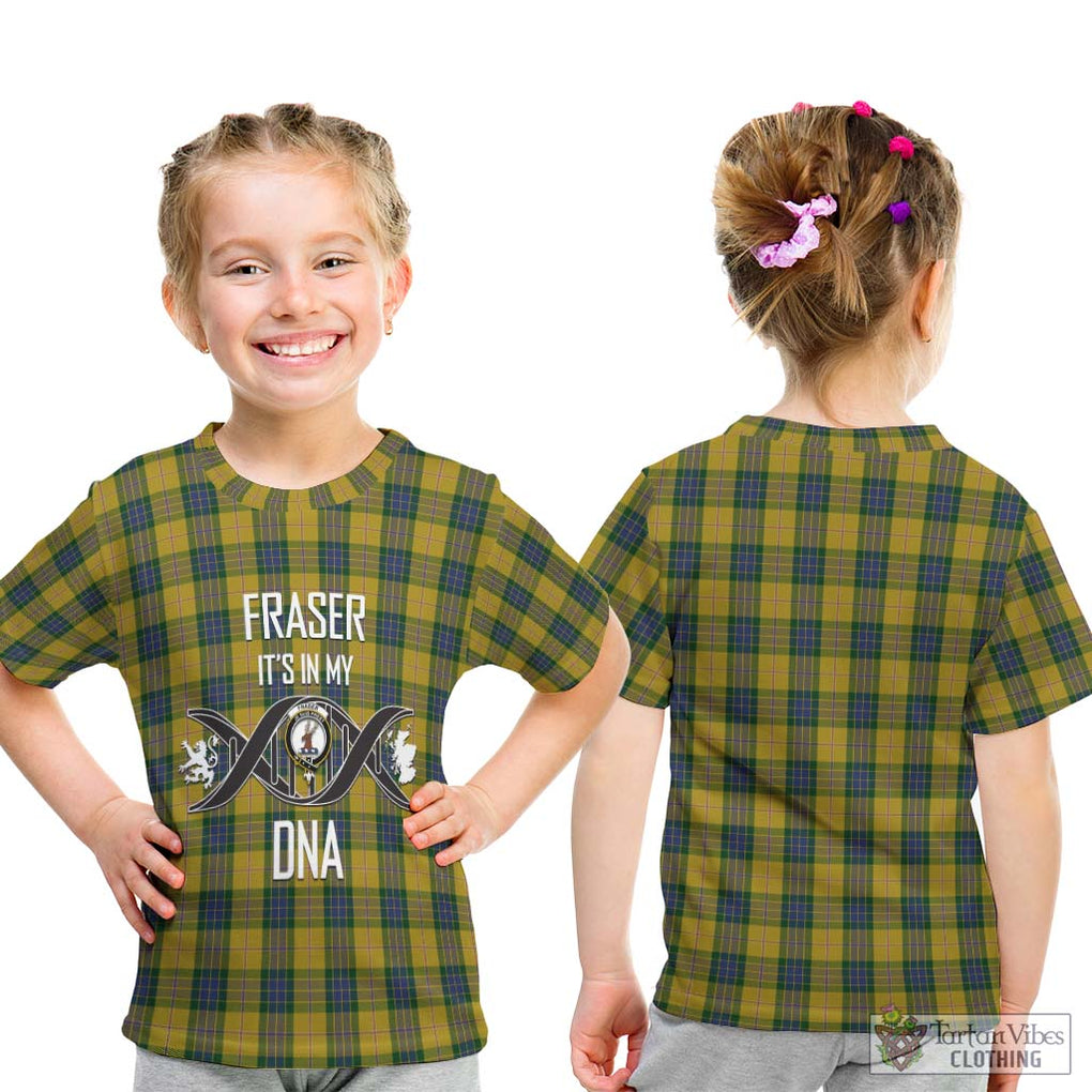 Fraser Yellow Tartan Kid T-Shirt with Family Crest DNA In Me Style - Tartanvibesclothing Shop