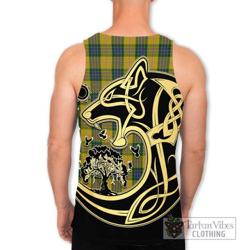 Fraser Yellow Tartan Men's Tank Top with Family Crest Celtic Wolf Style