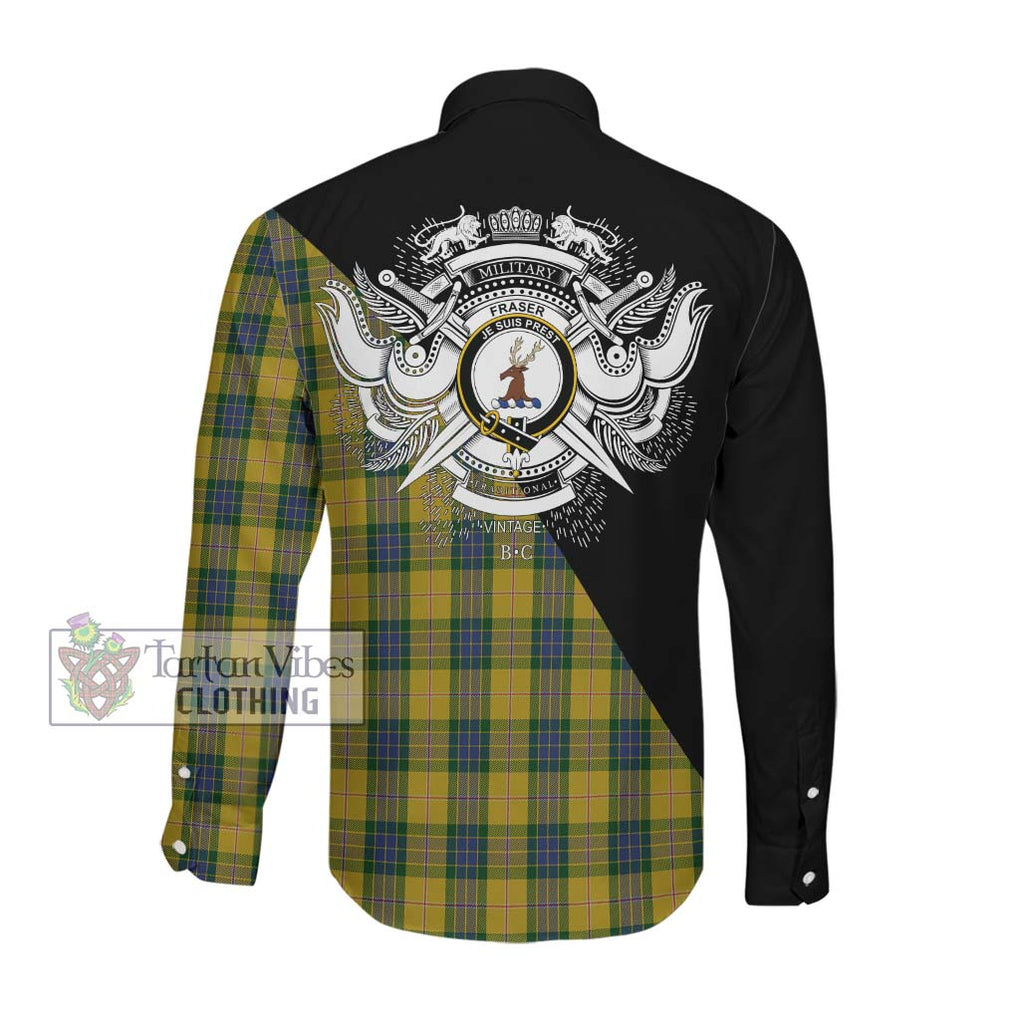 Fraser Yellow Tartan Long Sleeve Button Shirt with Family Crest and Military Logo Style Men's Shirt - Tartanvibesclothing Shop