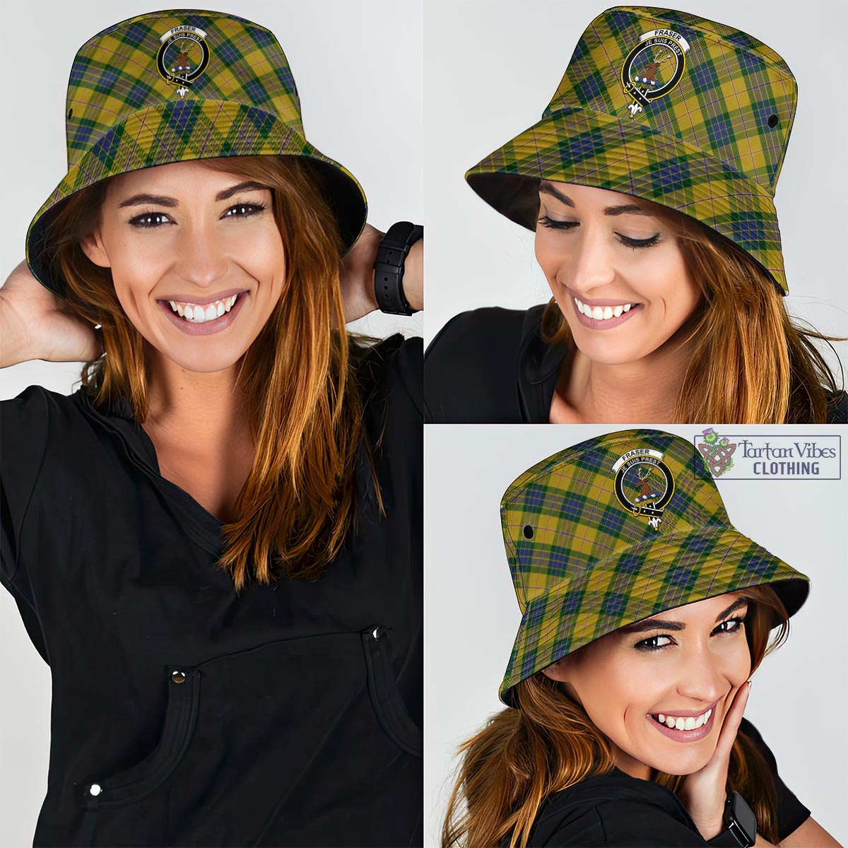 Tartan Vibes Clothing Fraser Yellow Tartan Bucket Hat with Family Crest