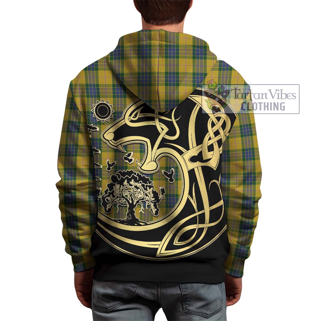 Tartan Vibes Clothing Fraser Yellow Tartan Hoodie with Family Crest Celtic Wolf Style