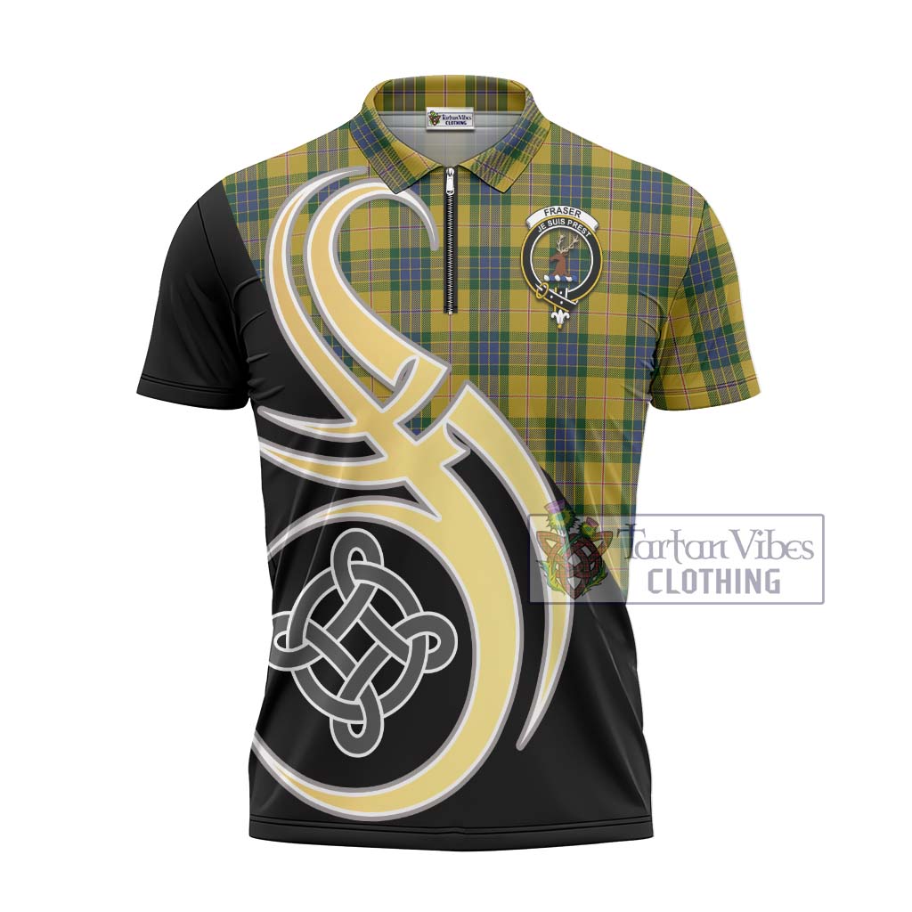 Tartan Vibes Clothing Fraser Yellow Tartan Zipper Polo Shirt with Family Crest and Celtic Symbol Style