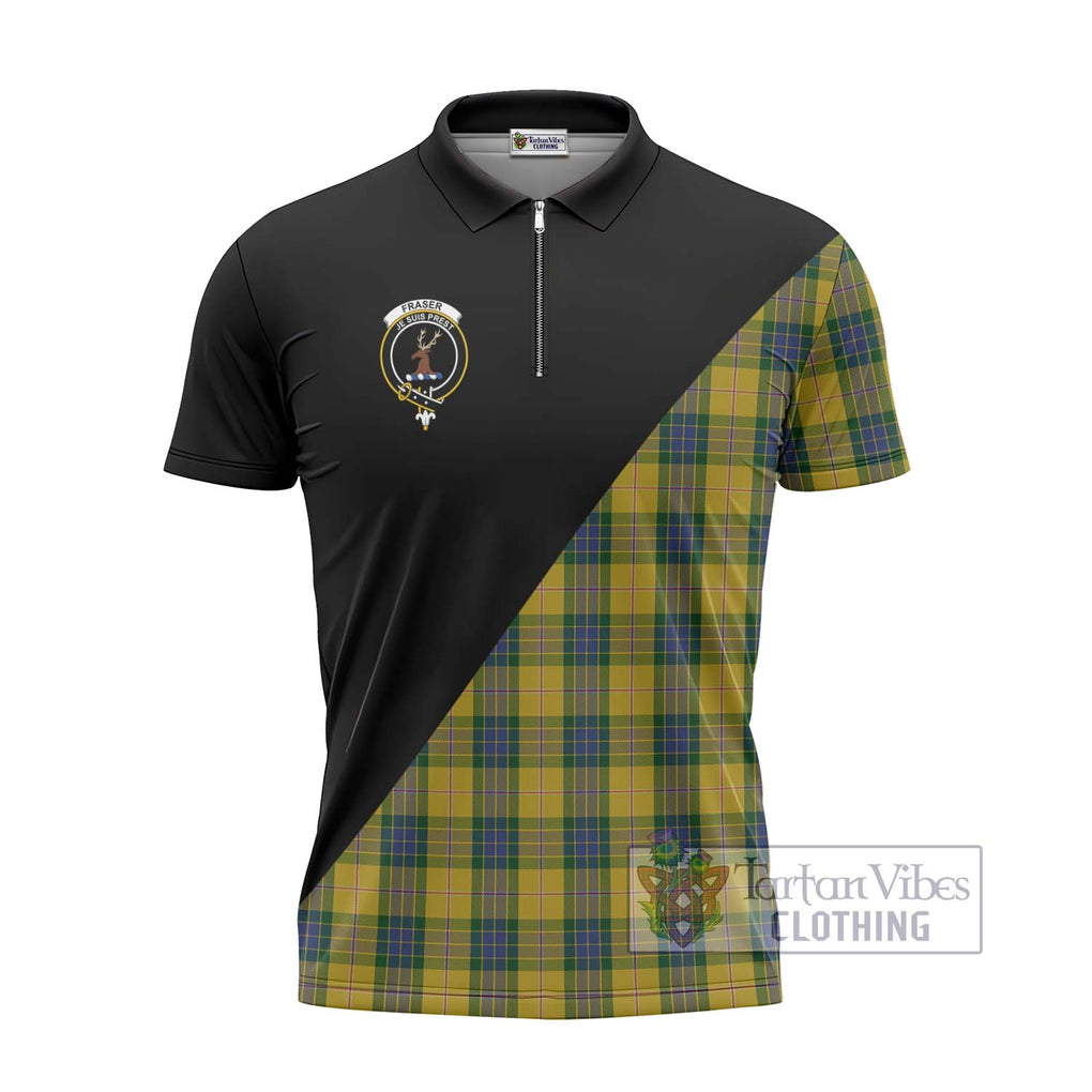 Fraser Yellow Tartan Zipper Polo Shirt with Family Crest and Military Logo Style - Tartanvibesclothing Shop