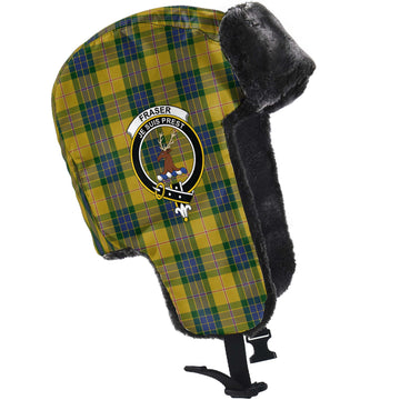 Fraser Yellow Tartan Winter Trapper Hat with Family Crest