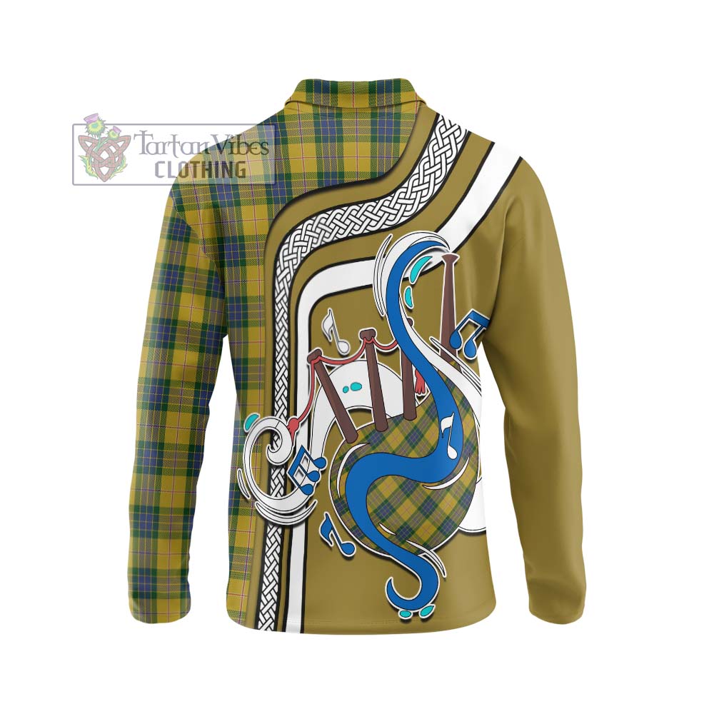 Tartan Vibes Clothing Fraser Yellow Tartan Long Sleeve Polo Shirt with Epic Bagpipe Style