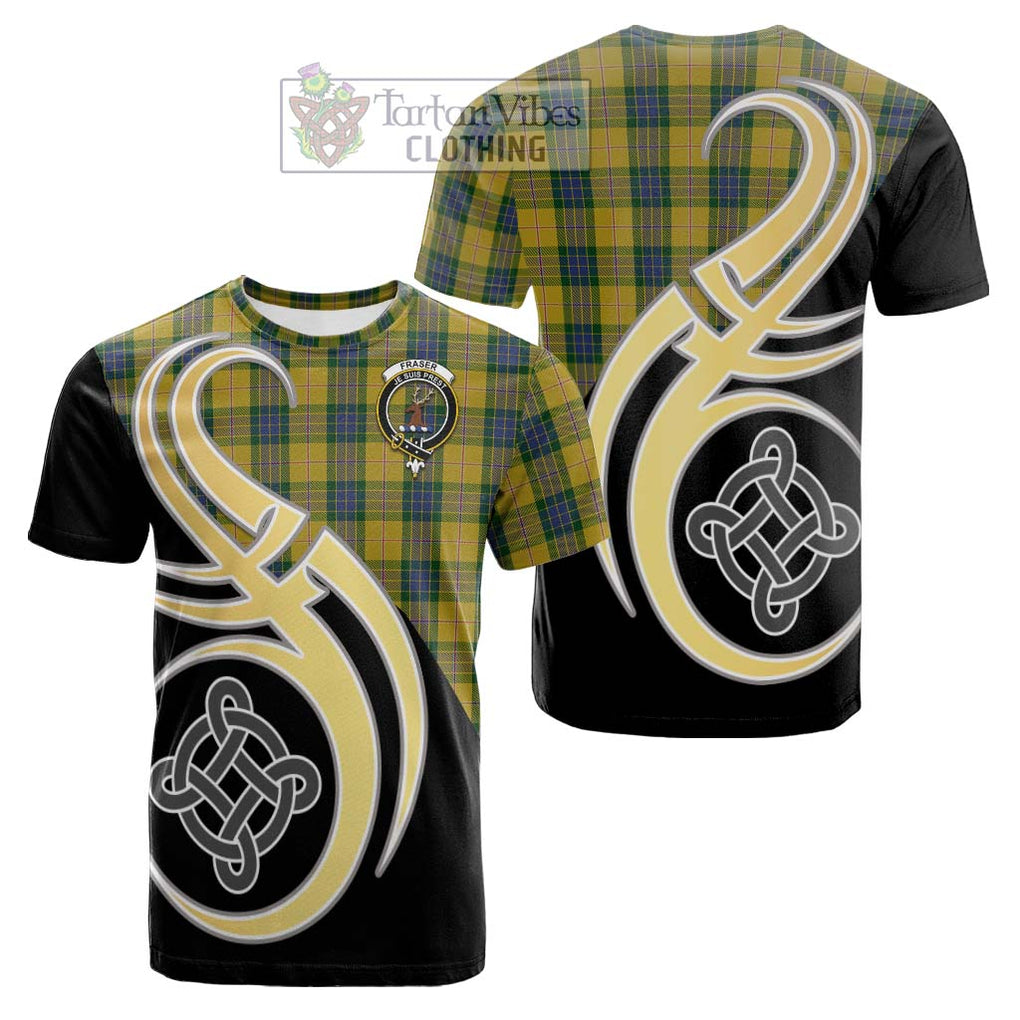 Tartan Vibes Clothing Fraser Yellow Tartan Cotton T-shirt with Family Crest and Celtic Symbol Style