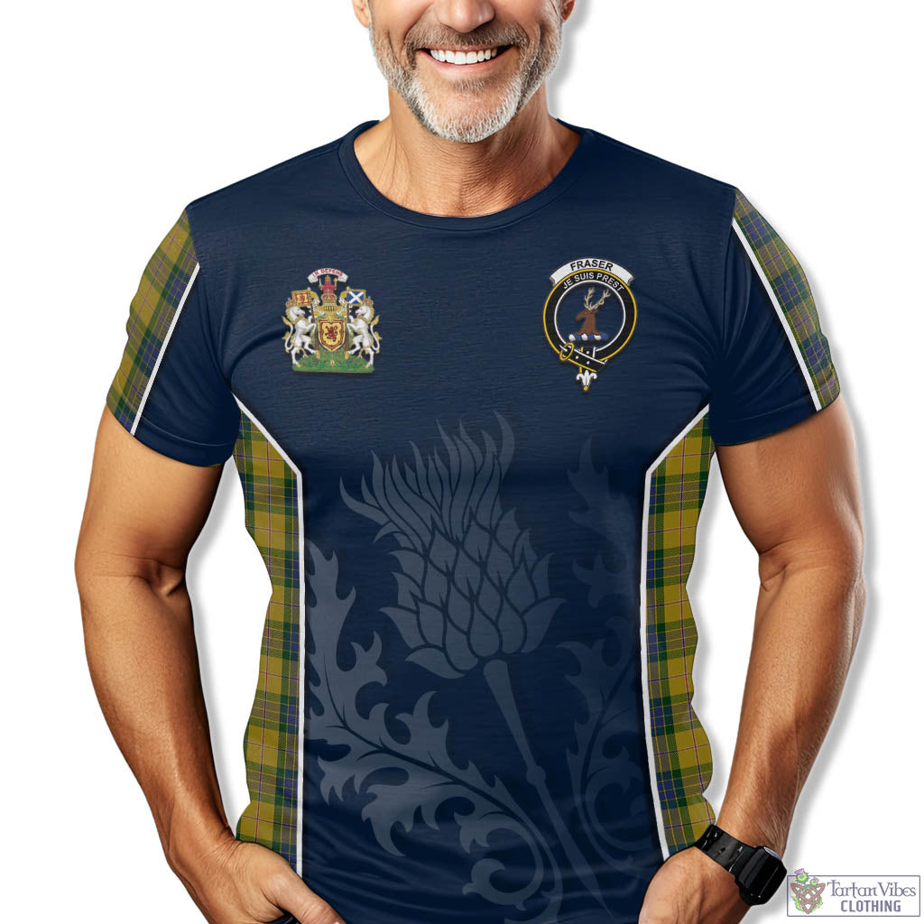 Tartan Vibes Clothing Fraser Yellow Tartan T-Shirt with Family Crest and Scottish Thistle Vibes Sport Style