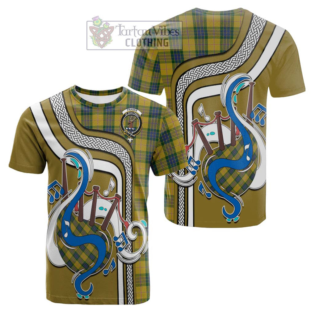 Tartan Vibes Clothing Fraser Yellow Tartan Cotton T-shirt with Epic Bagpipe Style