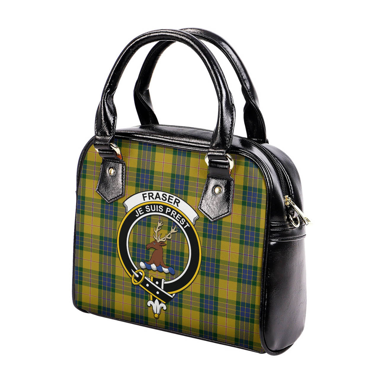 Fraser Yellow Tartan Shoulder Handbags with Family Crest - Tartanvibesclothing