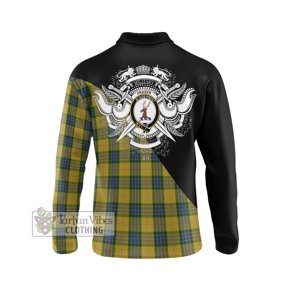 Fraser Yellow Tartan Long Sleeve Polo Shirt with Family Crest and Military Logo Style - Tartanvibesclothing Shop