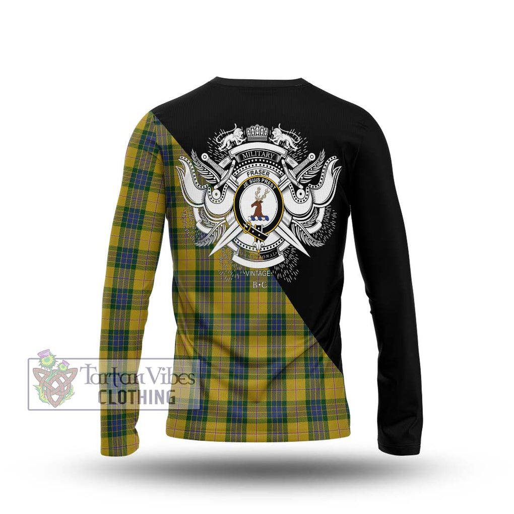 Fraser Yellow Tartan Long Sleeve T-Shirt with Family Crest and Military Logo Style - Tartanvibesclothing Shop