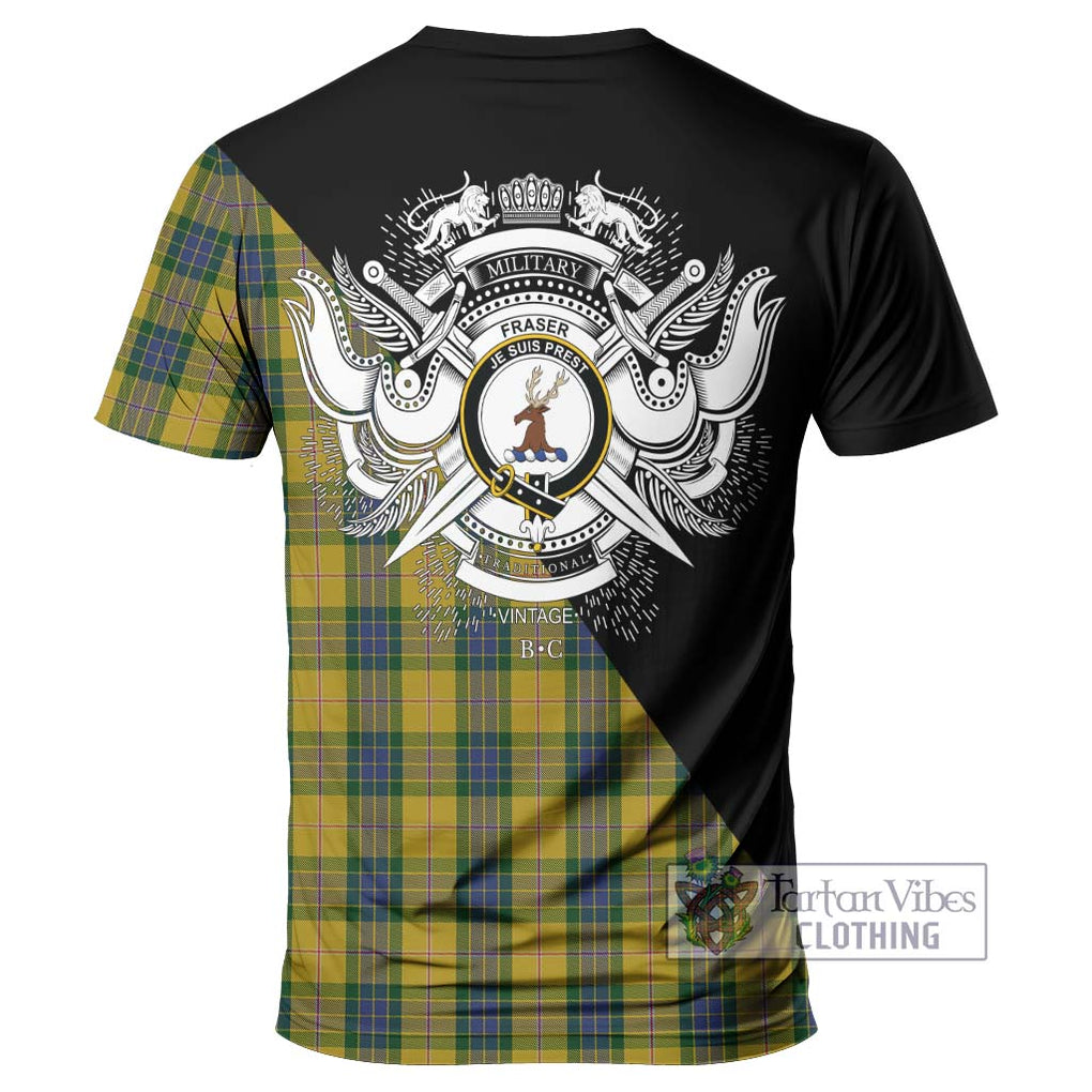 Fraser Yellow Tartan T-Shirt with Family Crest and Military Logo Style - Tartanvibesclothing Shop