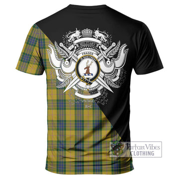 Fraser Yellow Tartan T-Shirt with Family Crest and Military Logo Style