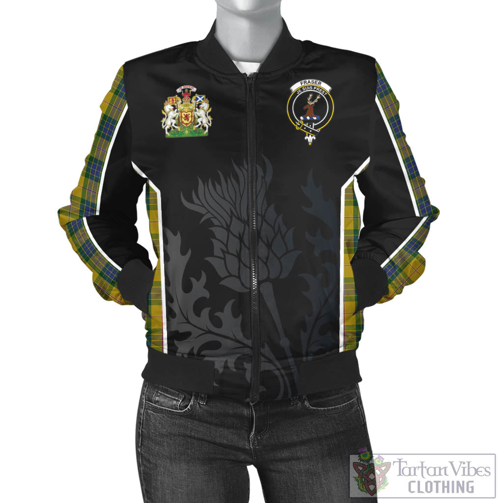 Tartan Vibes Clothing Fraser Yellow Tartan Bomber Jacket with Family Crest and Scottish Thistle Vibes Sport Style