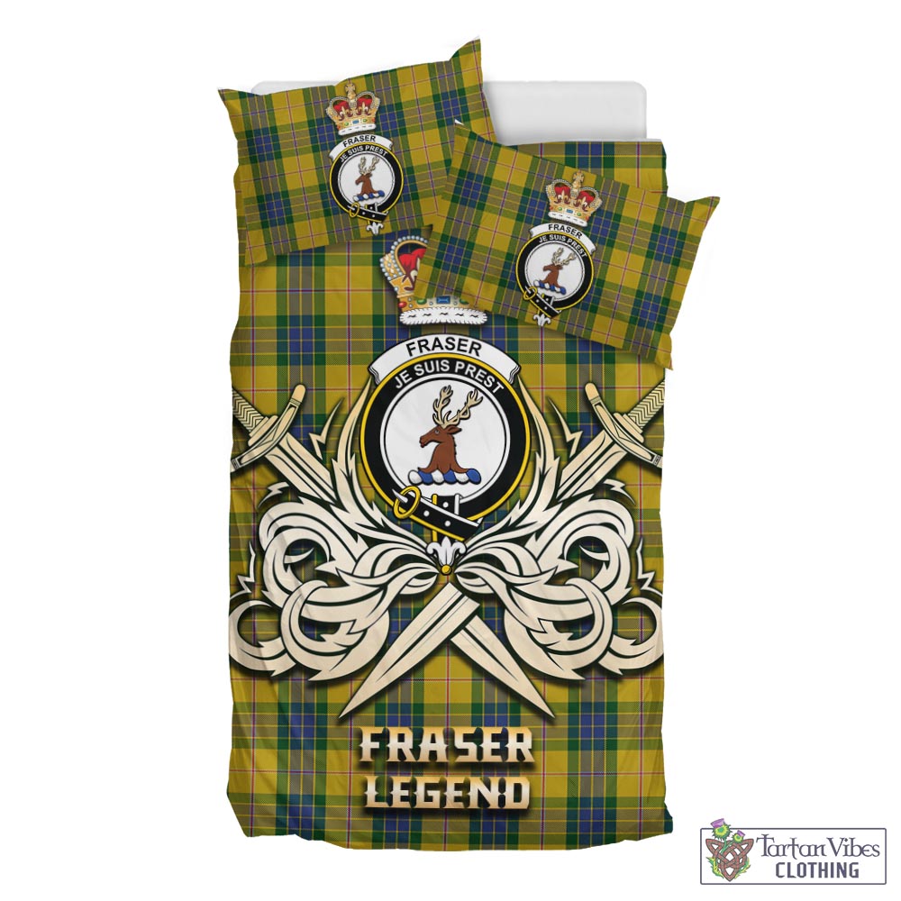 Tartan Vibes Clothing Fraser Yellow Tartan Bedding Set with Clan Crest and the Golden Sword of Courageous Legacy