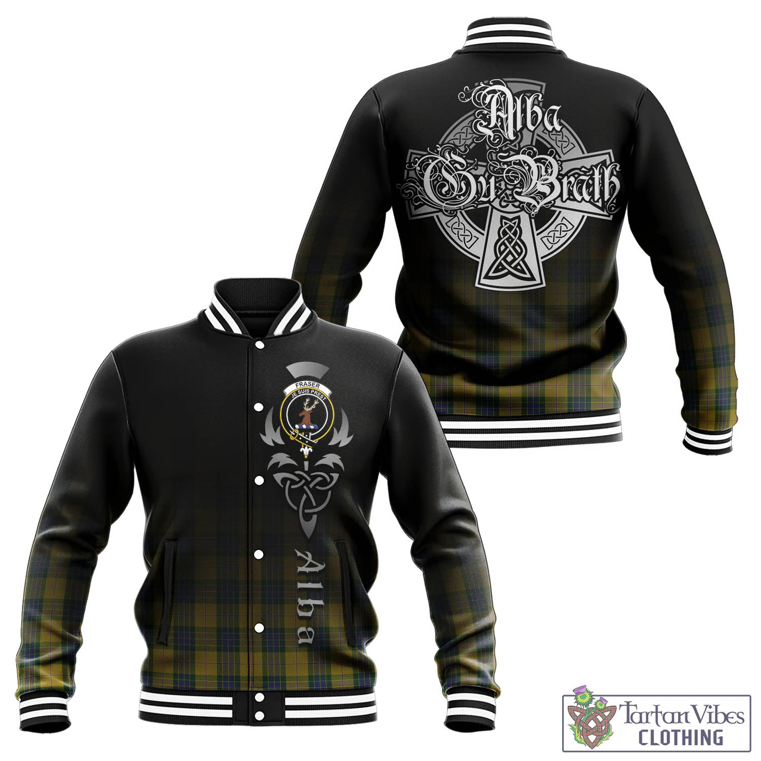 Tartan Vibes Clothing Fraser Yellow Tartan Baseball Jacket Featuring Alba Gu Brath Family Crest Celtic Inspired