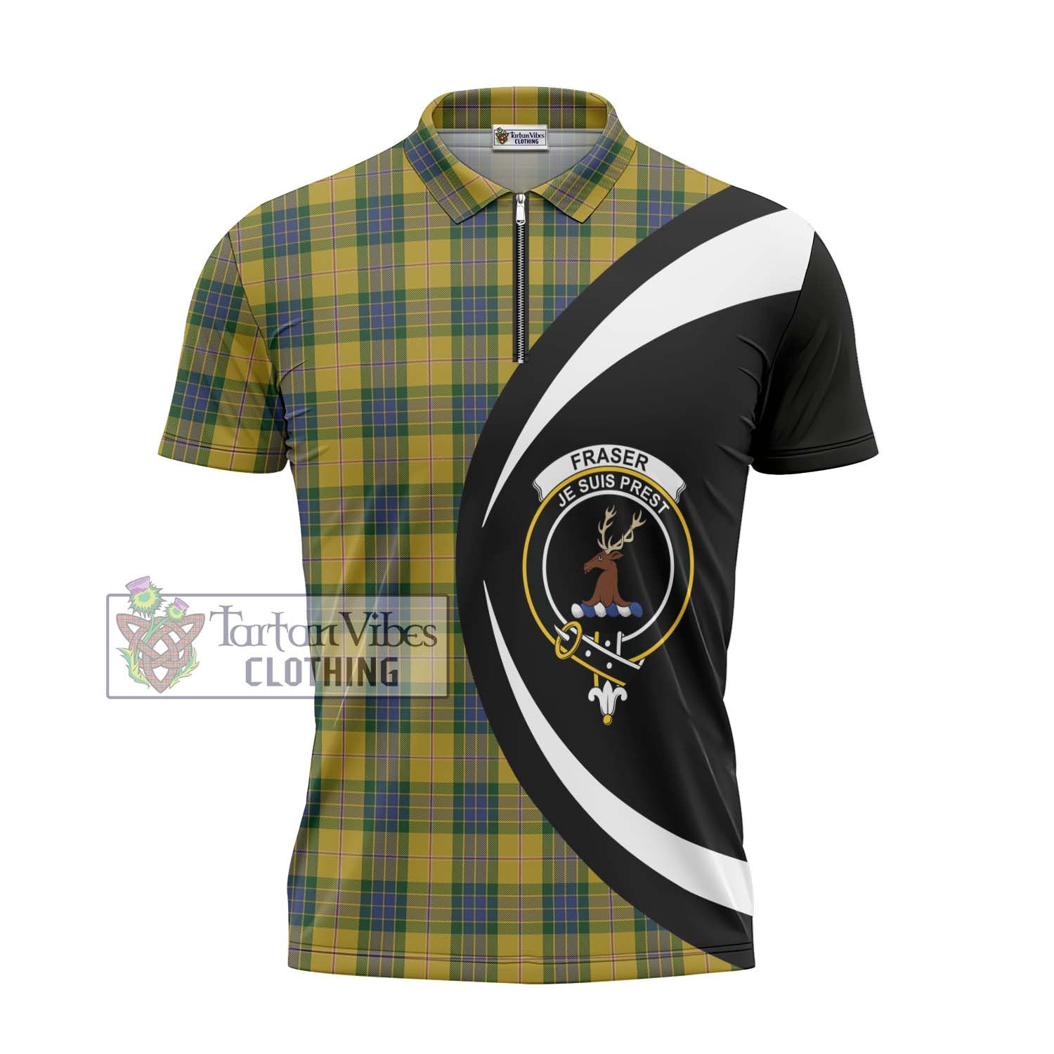 Tartan Vibes Clothing Fraser Yellow Tartan Zipper Polo Shirt with Family Crest Circle Style