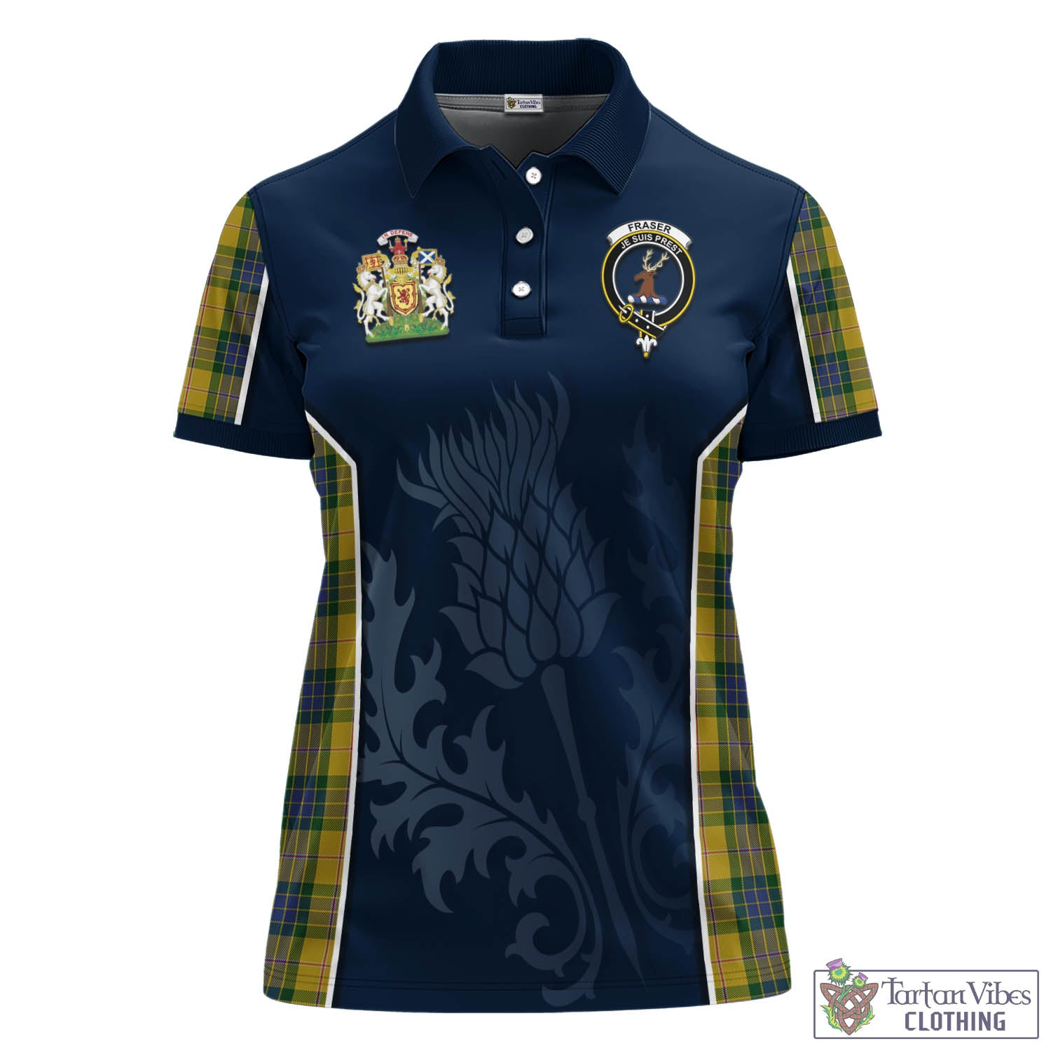 Tartan Vibes Clothing Fraser Yellow Tartan Women's Polo Shirt with Family Crest and Scottish Thistle Vibes Sport Style