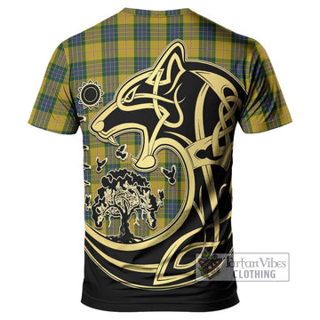 Fraser Yellow Tartan T-Shirt with Family Crest Celtic Wolf Style