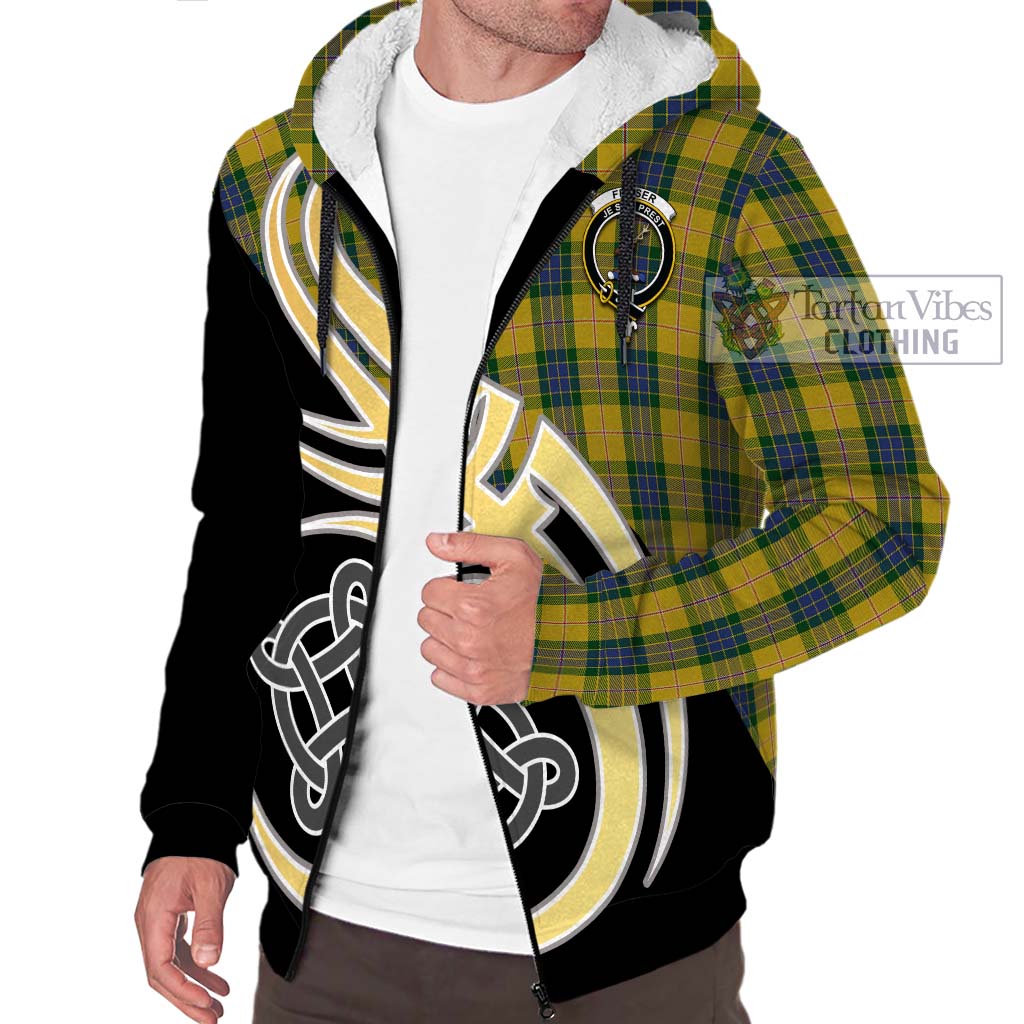 Fraser Yellow Tartan Sherpa Hoodie with Family Crest and Celtic Symbol Style - Tartan Vibes Clothing