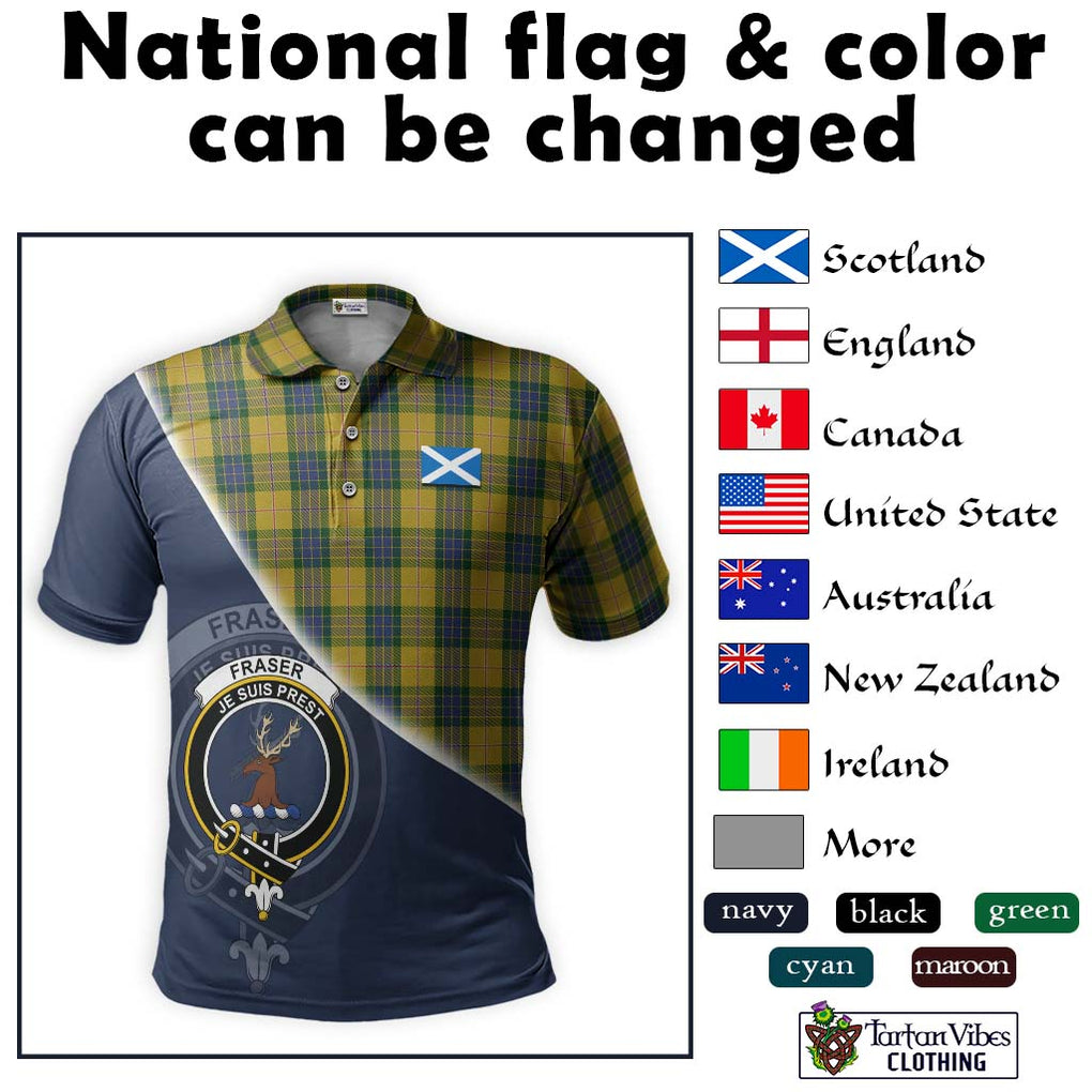 Fraser Yellow Tartan Polo Shirt with Personalised National Flag and Family Crest Half Style - Tartanvibesclothing Shop