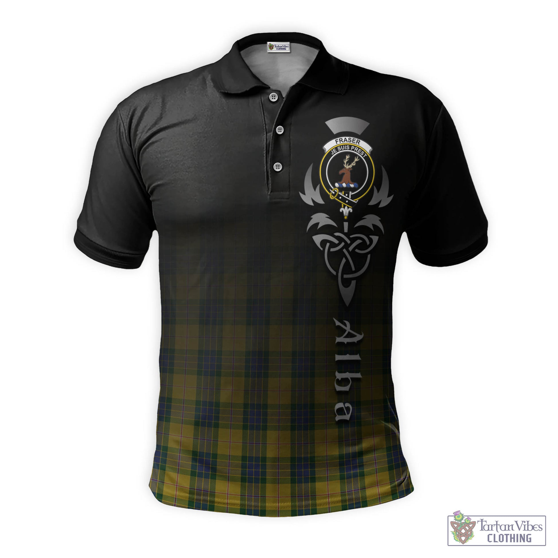 Tartan Vibes Clothing Fraser Yellow Tartan Polo Shirt Featuring Alba Gu Brath Family Crest Celtic Inspired