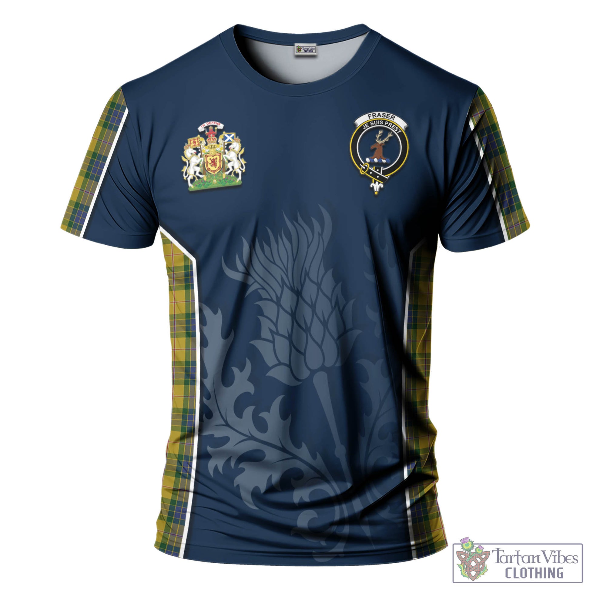 Tartan Vibes Clothing Fraser Yellow Tartan T-Shirt with Family Crest and Scottish Thistle Vibes Sport Style