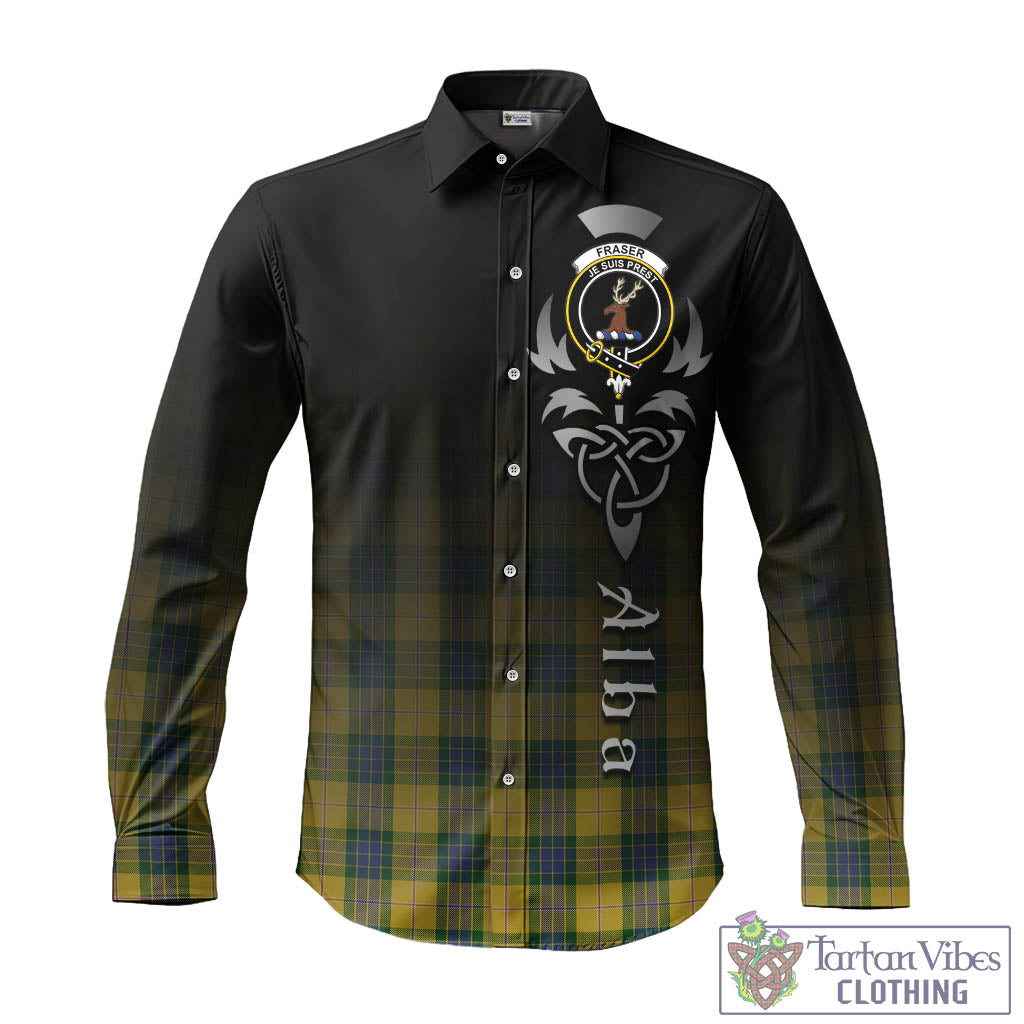 Tartan Vibes Clothing Fraser Yellow Tartan Long Sleeve Button Up Featuring Alba Gu Brath Family Crest Celtic Inspired