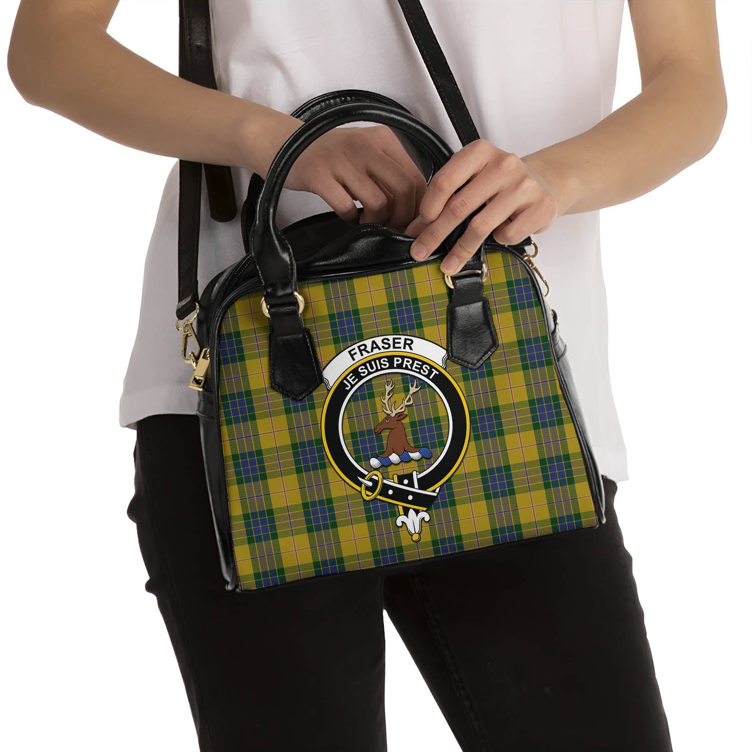 Fraser Yellow Tartan Shoulder Handbags with Family Crest - Tartanvibesclothing