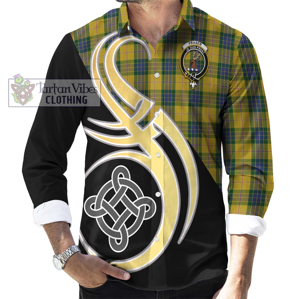 Fraser Yellow Tartan Long Sleeve Button Shirt with Family Crest and Celtic Symbol Style - Tartan Vibes Clothing