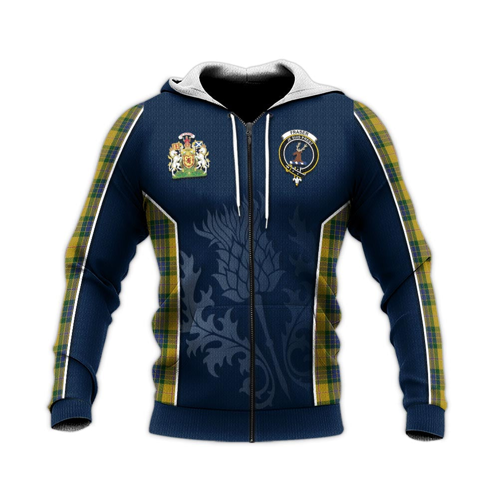 Tartan Vibes Clothing Fraser Yellow Tartan Knitted Hoodie with Family Crest and Scottish Thistle Vibes Sport Style