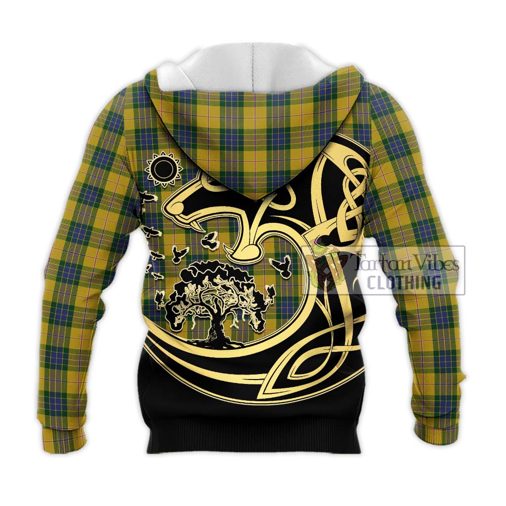 Tartan Vibes Clothing Fraser Yellow Tartan Knitted Hoodie with Family Crest Celtic Wolf Style
