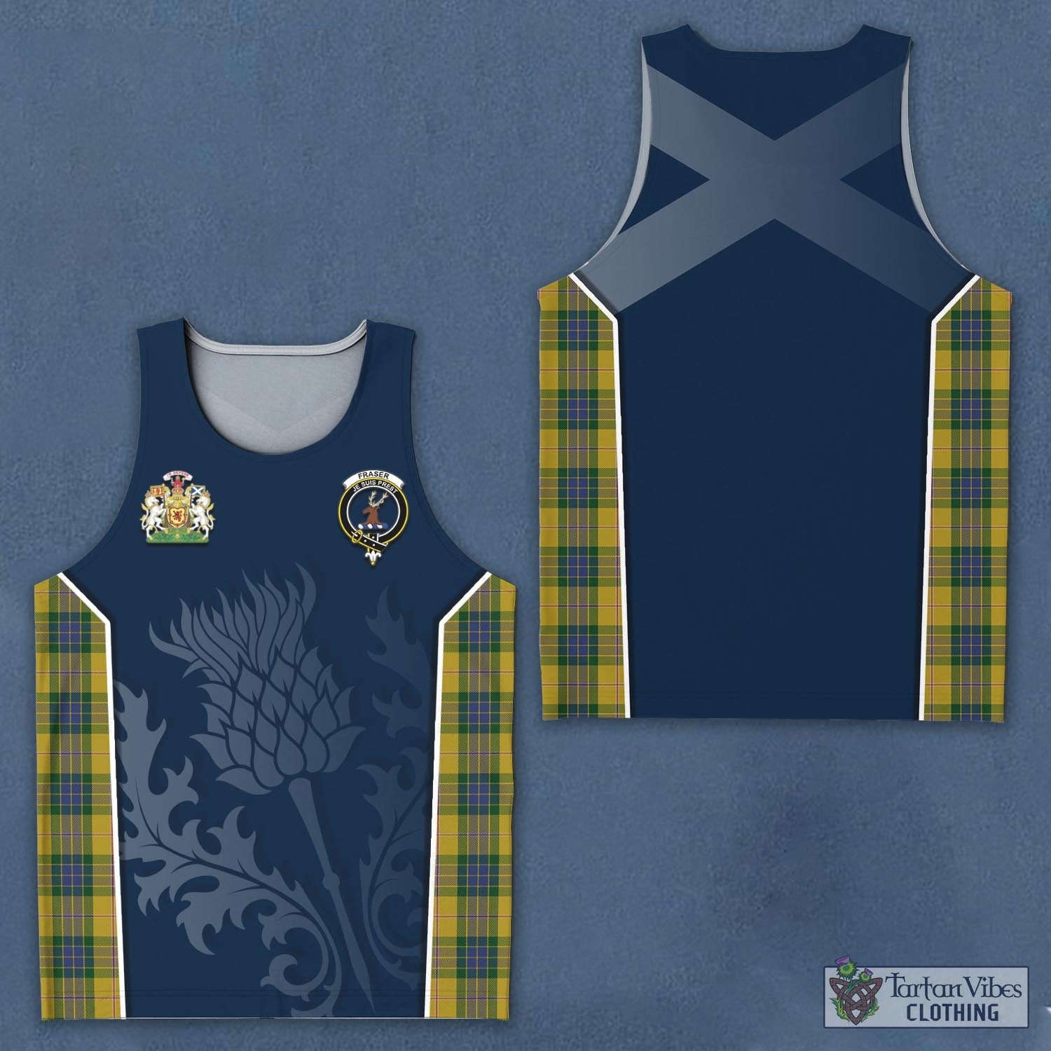 Tartan Vibes Clothing Fraser Yellow Tartan Men's Tanks Top with Family Crest and Scottish Thistle Vibes Sport Style