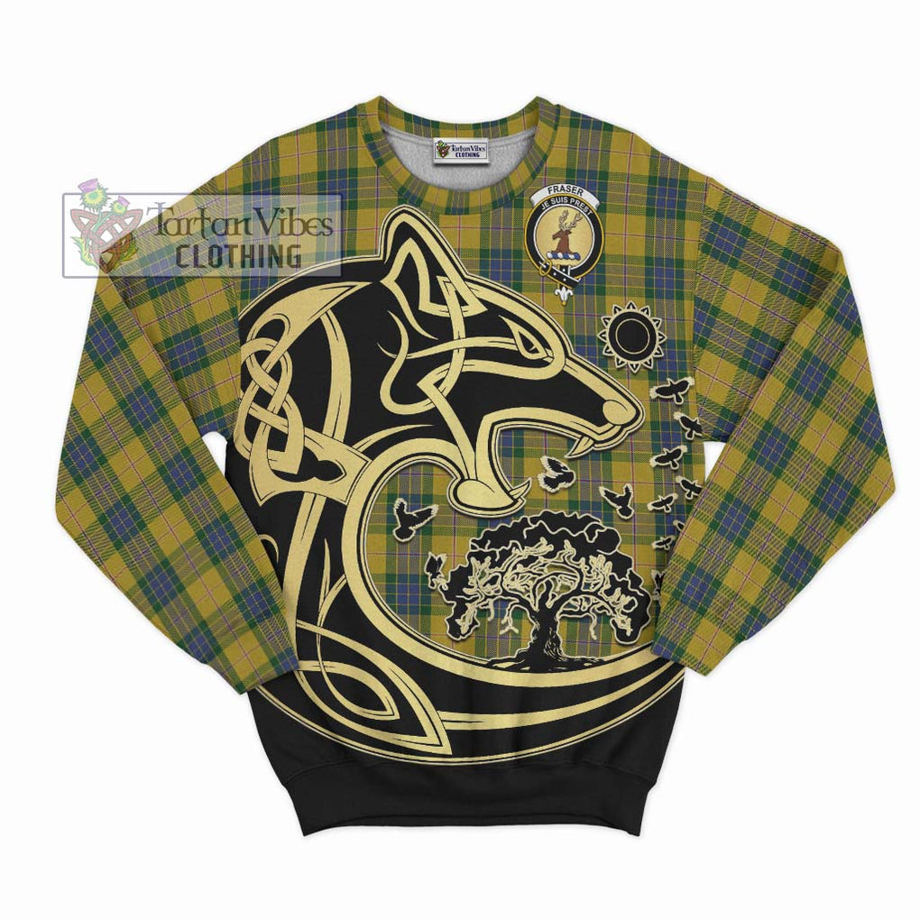 Fraser Yellow Tartan Sweatshirt with Family Crest Celtic Wolf Style - Tartan Vibes Clothing