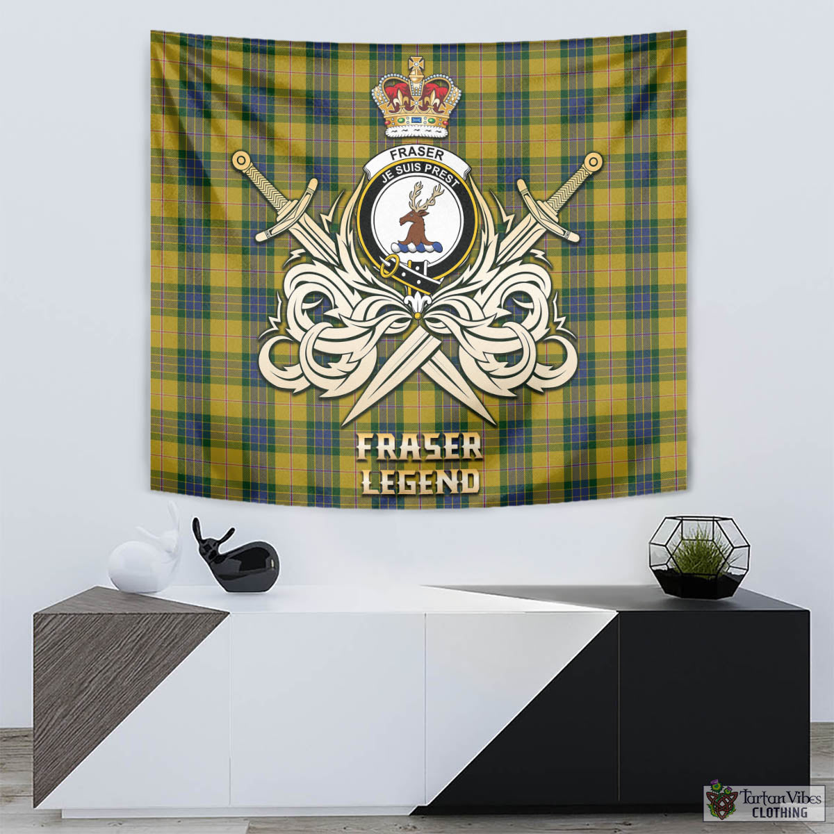 Tartan Vibes Clothing Fraser Yellow Tartan Tapestry with Clan Crest and the Golden Sword of Courageous Legacy