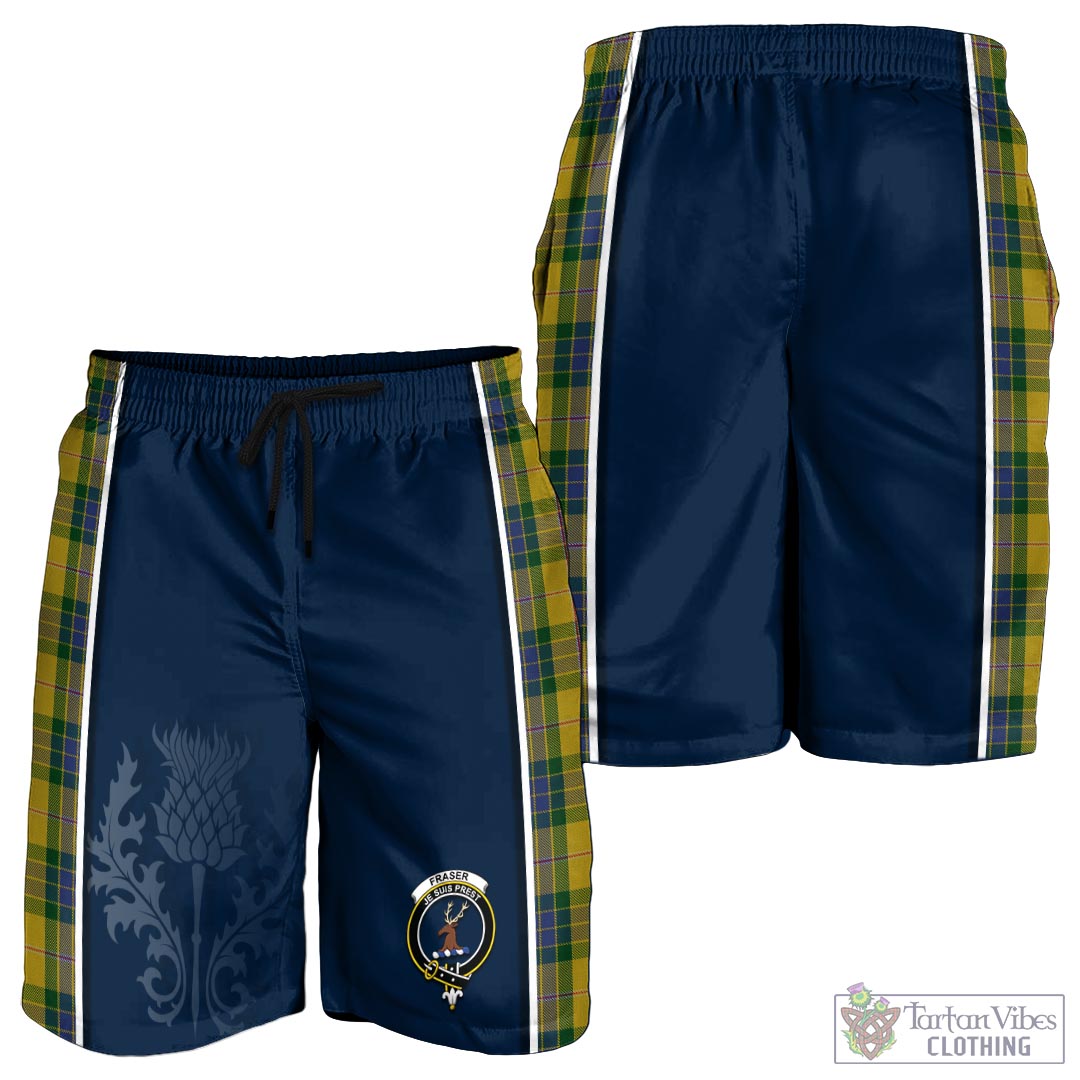 Tartan Vibes Clothing Fraser Yellow Tartan Men's Shorts with Family Crest and Scottish Thistle Vibes Sport Style