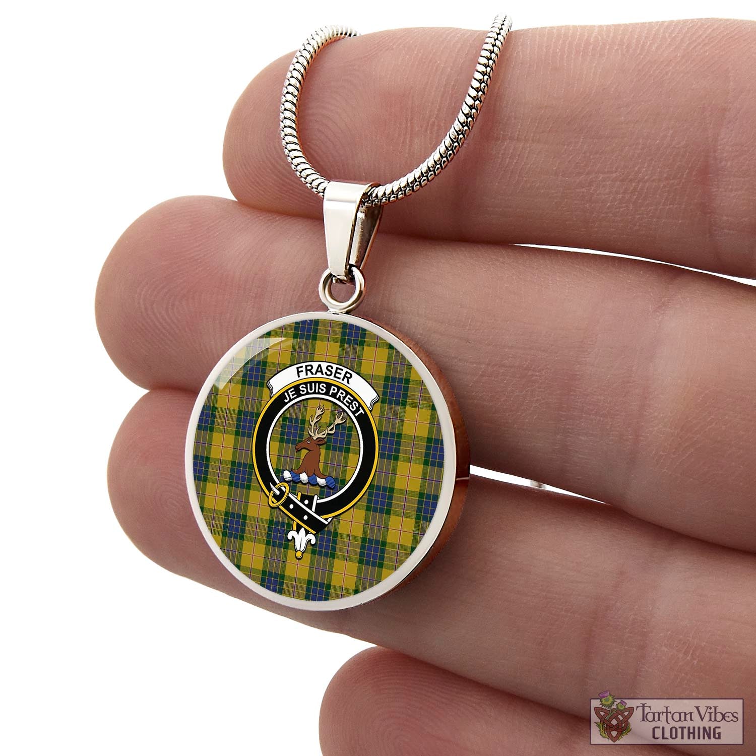 Tartan Vibes Clothing Fraser Yellow Tartan Circle Necklace with Family Crest