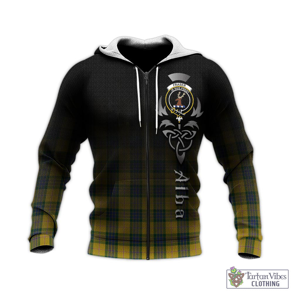 Tartan Vibes Clothing Fraser Yellow Tartan Knitted Hoodie Featuring Alba Gu Brath Family Crest Celtic Inspired