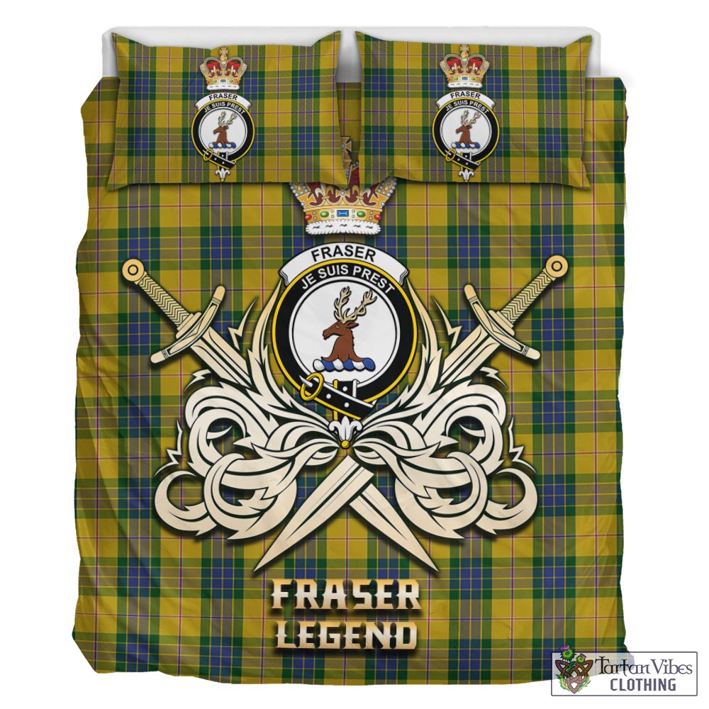 Tartan Vibes Clothing Fraser Yellow Tartan Bedding Set with Clan Crest and the Golden Sword of Courageous Legacy