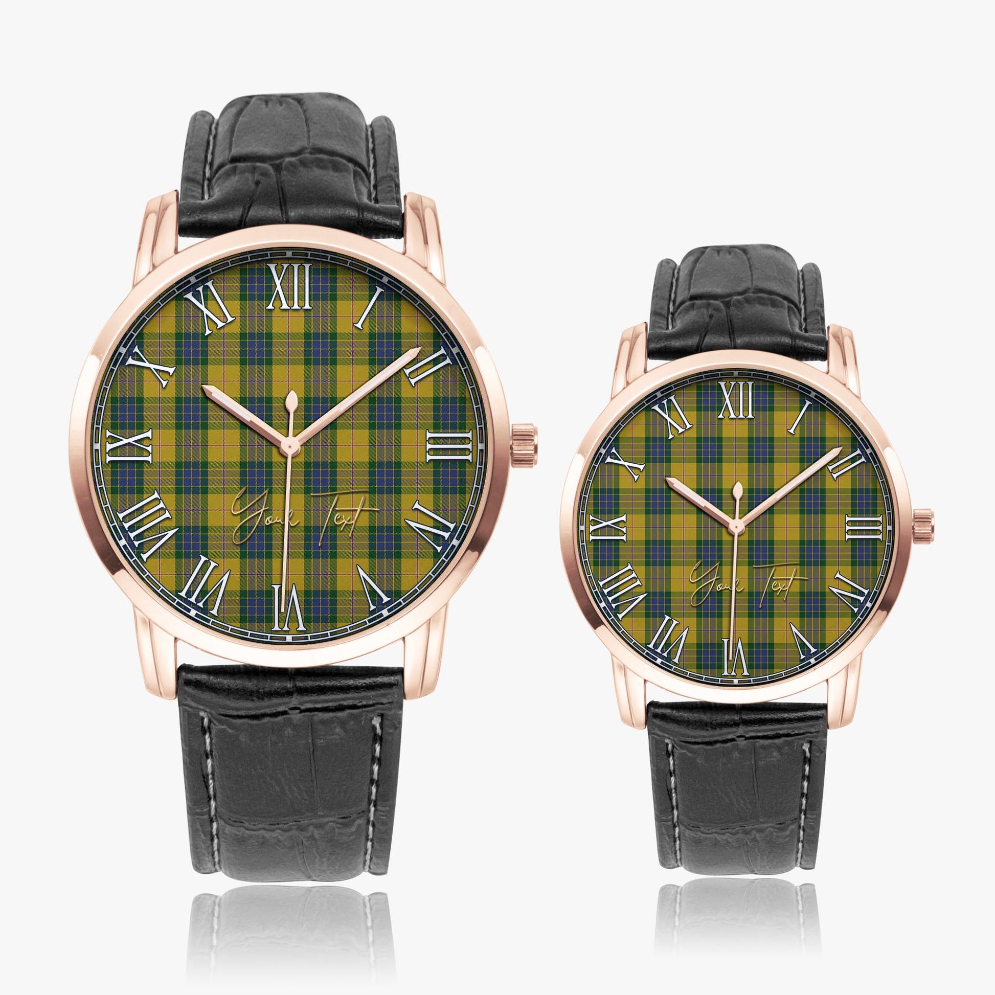 Fraser Yellow Tartan Personalized Your Text Leather Trap Quartz Watch Wide Type Rose Gold Case With Black Leather Strap - Tartanvibesclothing