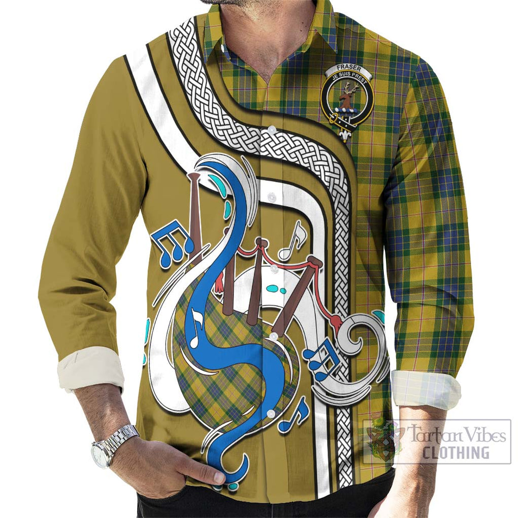 Fraser Yellow Tartan Long Sleeve Button Shirt with Epic Bagpipe Style - Tartanvibesclothing Shop