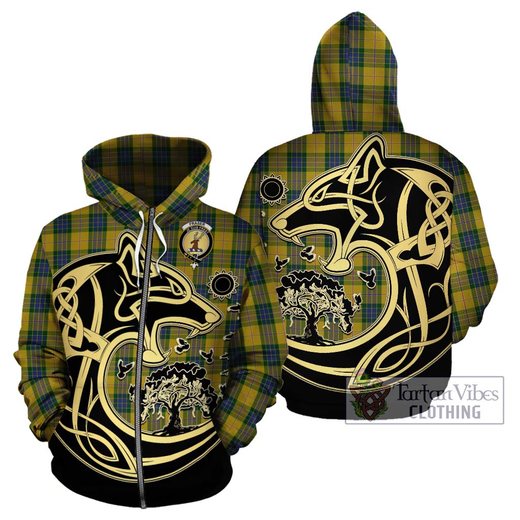 Tartan Vibes Clothing Fraser Yellow Tartan Hoodie with Family Crest Celtic Wolf Style