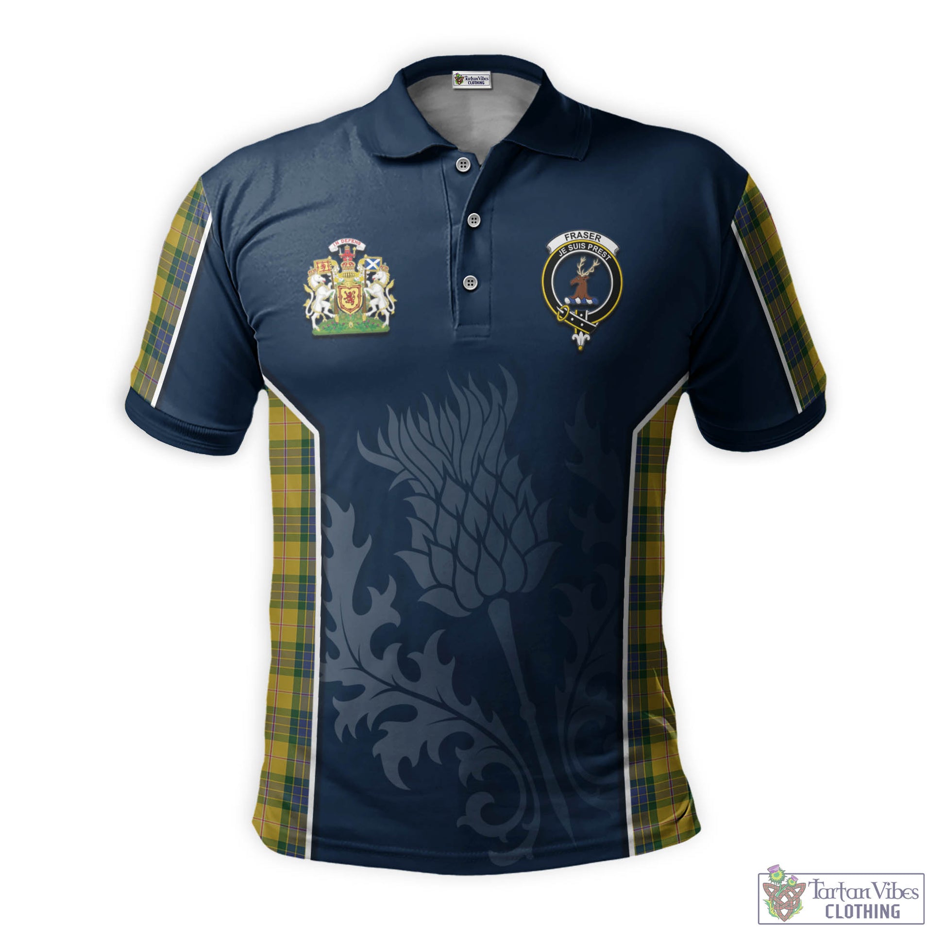 Tartan Vibes Clothing Fraser Yellow Tartan Men's Polo Shirt with Family Crest and Scottish Thistle Vibes Sport Style