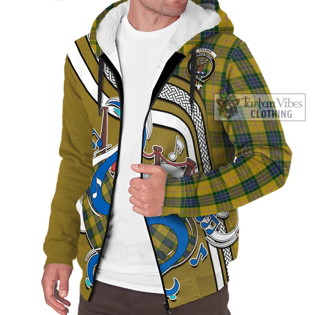 Fraser Yellow Tartan Sherpa Hoodie with Epic Bagpipe Style Unisex - Tartanvibesclothing Shop