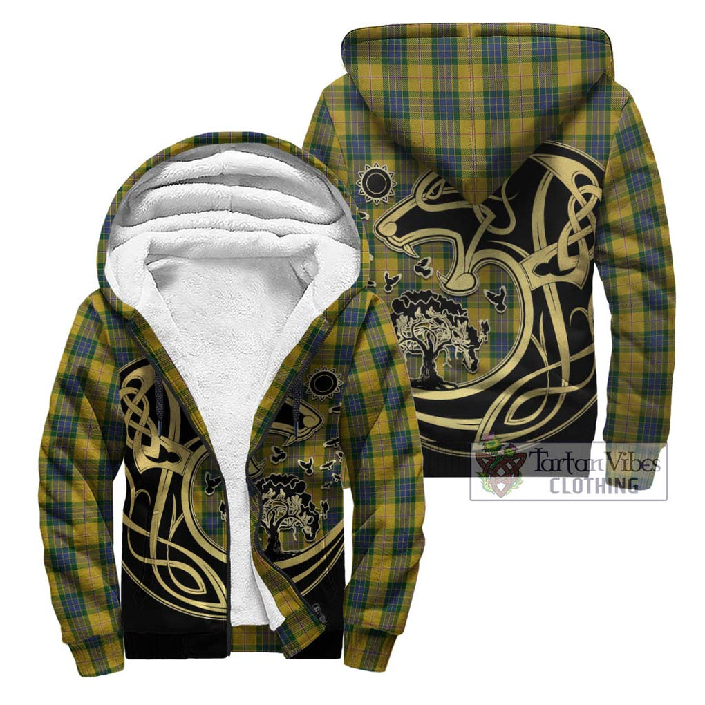 Fraser Yellow Tartan Sherpa Hoodie with Family Crest Celtic Wolf Style Unisex - Tartan Vibes Clothing