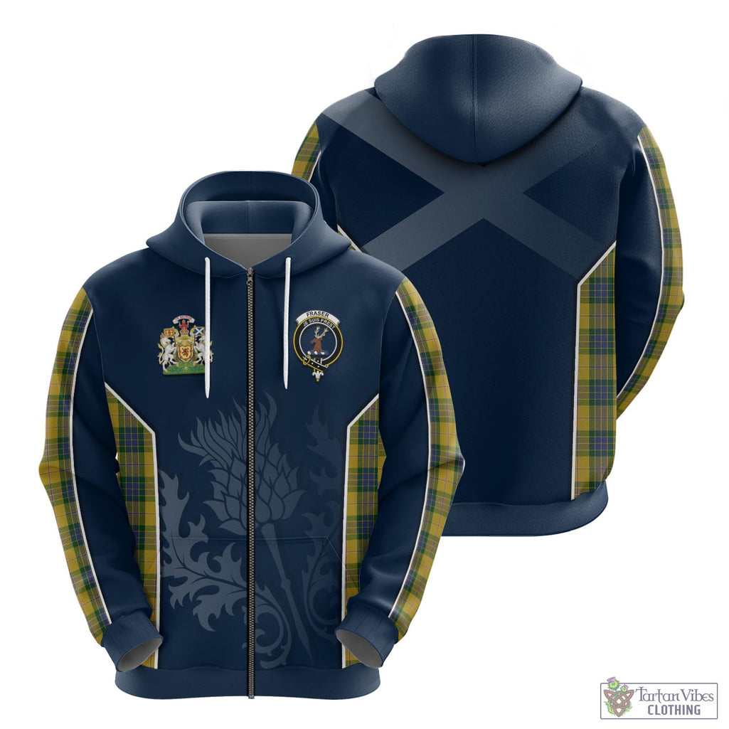 Tartan Vibes Clothing Fraser Yellow Tartan Hoodie with Family Crest and Scottish Thistle Vibes Sport Style