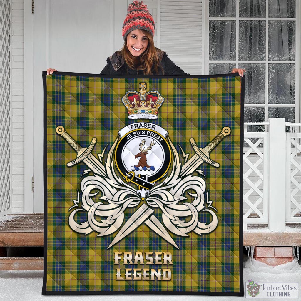 Tartan Vibes Clothing Fraser Yellow Tartan Quilt with Clan Crest and the Golden Sword of Courageous Legacy